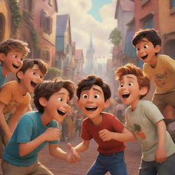 A group of boys, cheerfully interacting in an imaginative setting, depicted in a vibrant Disney animation style.