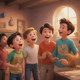 A group of boys, cheerfully interacting in an imaginative setting, depicted in a vibrant Disney animation style.