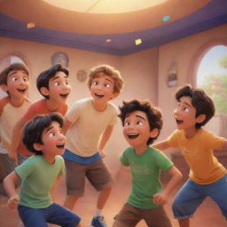 A group of boys, cheerfully interacting in an imaginative setting, depicted in a vibrant Disney animation style.