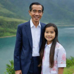 President Joko Widodo and his long-haired 10-year-old daughter, both wearing matching outfits. They are standing together and smiling against a picturesque lake backdrop.