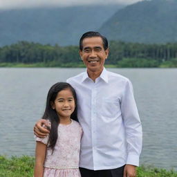 President Joko Widodo and his long-haired 10-year-old daughter, both wearing matching outfits. They are standing together and smiling against a picturesque lake backdrop.