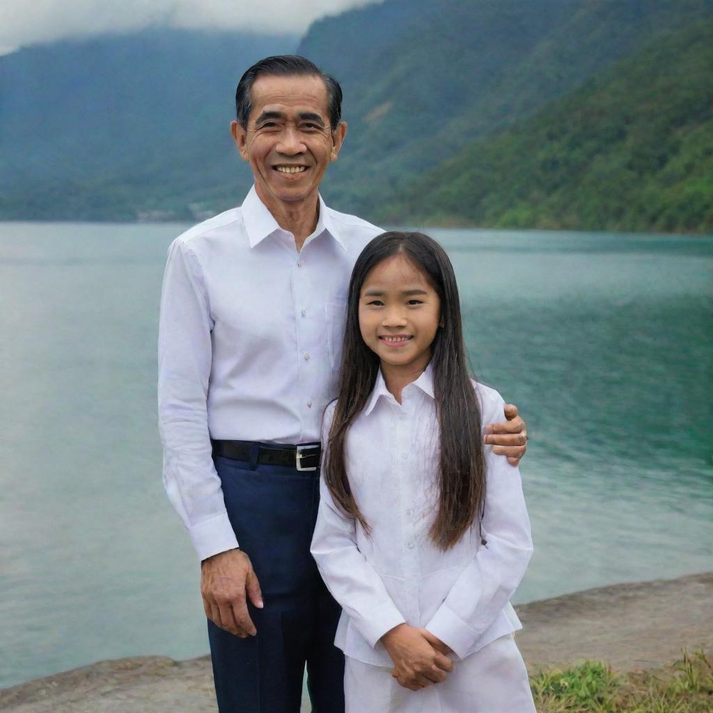 President Joko Widodo and his long-haired 10-year-old daughter, both wearing matching outfits. They are standing together and smiling against a picturesque lake backdrop.