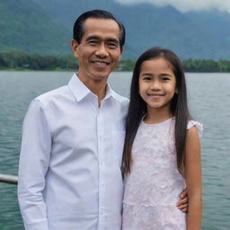 President Joko Widodo and his long-haired 10-year-old daughter, both wearing matching outfits. They are standing together and smiling against a picturesque lake backdrop.