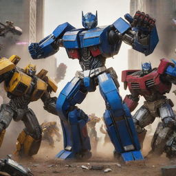 An action-packed scene of a user in an epic battle stance, fists raised, surrounded by Transformers characters in the midst of a dynamic fight.