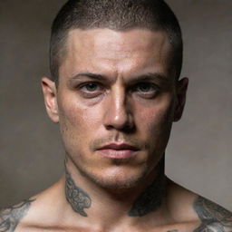 A realistic portrait of Michael Scofield, main character from Prison Break, showing his intense eyes and intricate body tattoos