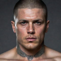 A realistic portrait of Michael Scofield, main character from Prison Break, showing his intense eyes and intricate body tattoos