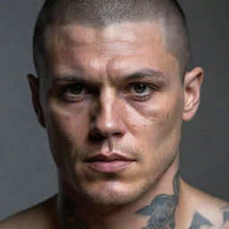 A realistic portrait of Michael Scofield, main character from Prison Break, showing his intense eyes and intricate body tattoos