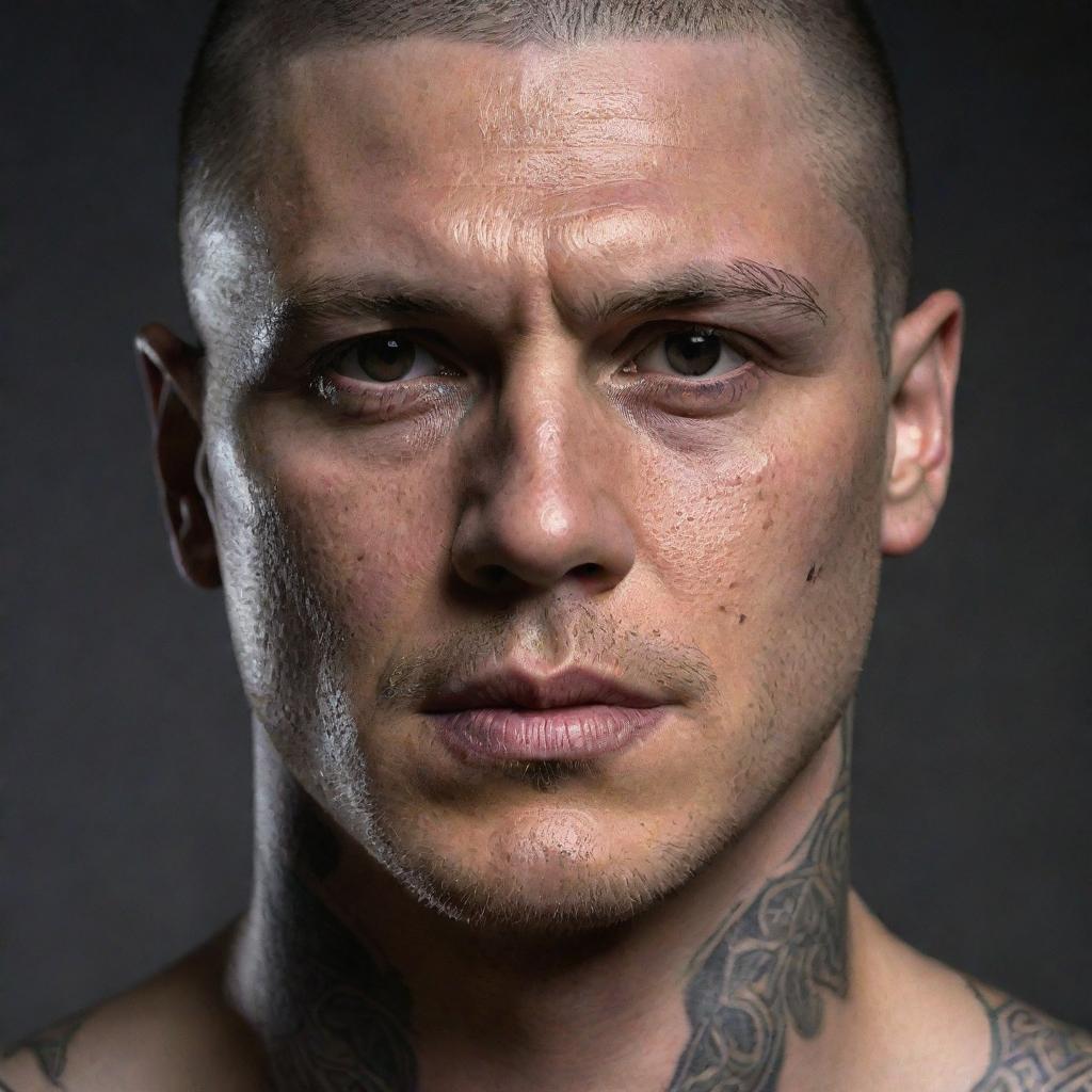 A realistic portrait of Michael Scofield, main character from Prison Break, showing his intense eyes and intricate body tattoos