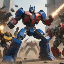 An action-packed scene of a user in an epic battle stance, fists raised, surrounded by Transformers characters in the midst of a dynamic fight.