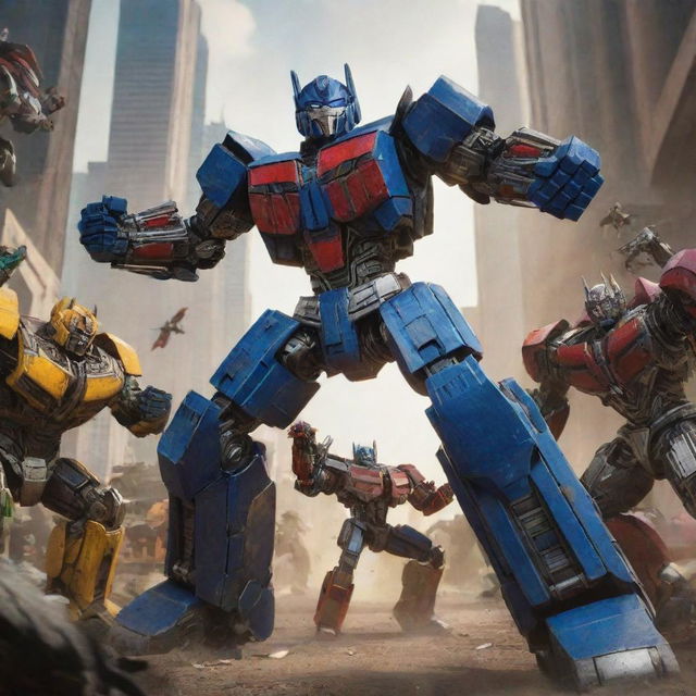 An action-packed scene of a user in an epic battle stance, fists raised, surrounded by Transformers characters in the midst of a dynamic fight.