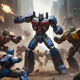 An action-packed scene of a user in an epic battle stance, fists raised, surrounded by Transformers characters in the midst of a dynamic fight.