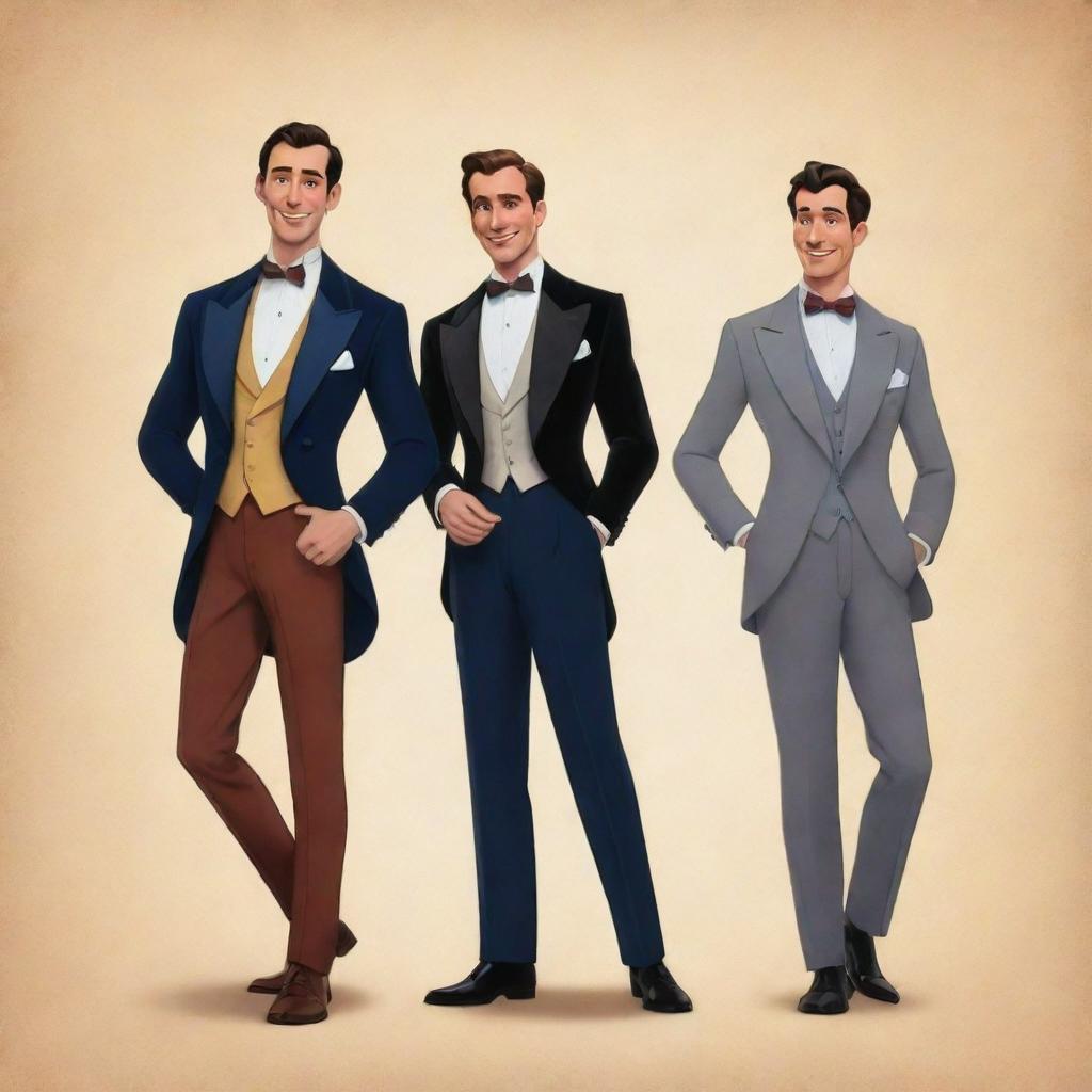 Four elegant men, donning classy attire, represented in enchanting Disney animation style.