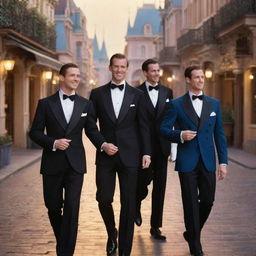 Four elegant men, donning classy attire, represented in enchanting Disney animation style.