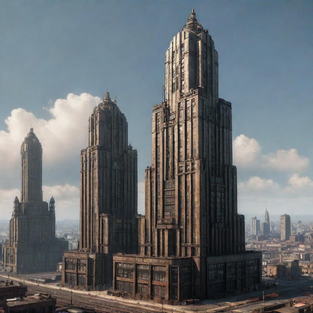 Depict the tallest building in a dieselpunk realm. It towers above all with a blend of Art Deco aesthetics, raw steel structures, hulking diesel engines, grungy exhaust pipes, and massive industrial machinery.