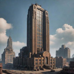 Depict the tallest building in a dieselpunk realm. It towers above all with a blend of Art Deco aesthetics, raw steel structures, hulking diesel engines, grungy exhaust pipes, and massive industrial machinery.