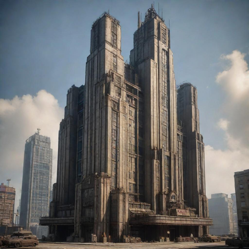 Depict the tallest building in a dieselpunk realm. It towers above all with a blend of Art Deco aesthetics, raw steel structures, hulking diesel engines, grungy exhaust pipes, and massive industrial machinery.