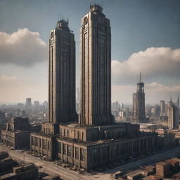 Depict the tallest building in a dieselpunk realm. It towers above all with a blend of Art Deco aesthetics, raw steel structures, hulking diesel engines, grungy exhaust pipes, and massive industrial machinery.