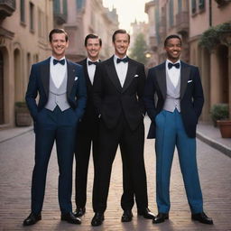 Four elegant men, donning classy attire, represented in enchanting Disney animation style.