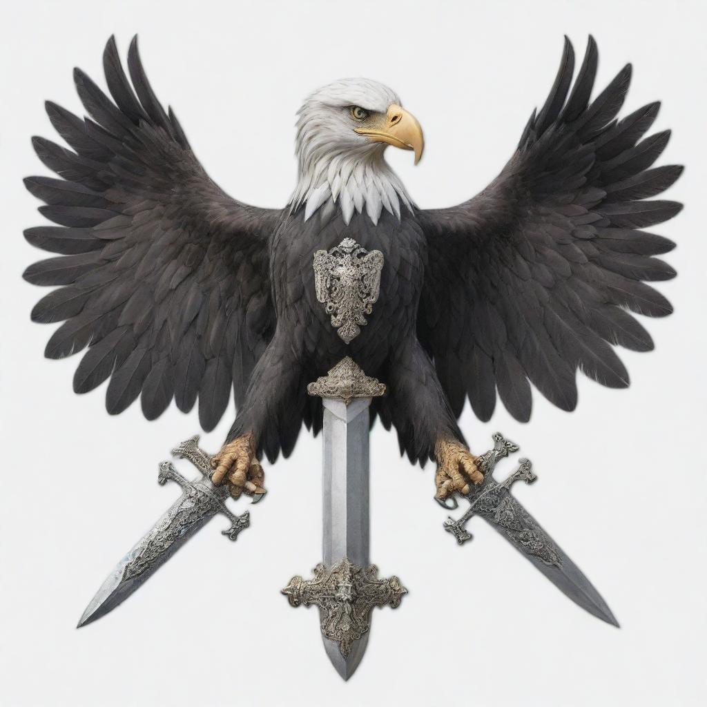 A majestic two-headed eagle with one side black and the other white, holding a horizontal Templar medieval sword in its claws