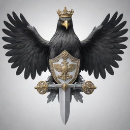 A majestic two-headed eagle with one side black and the other white, holding a horizontal Templar medieval sword in its claws