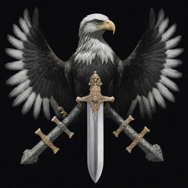 A majestic two-headed eagle with one side black and the other white, holding a horizontal Templar medieval sword in its claws