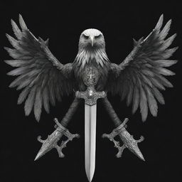 A majestic two-headed eagle with one side black and the other white, holding a horizontal Templar medieval sword in its claws