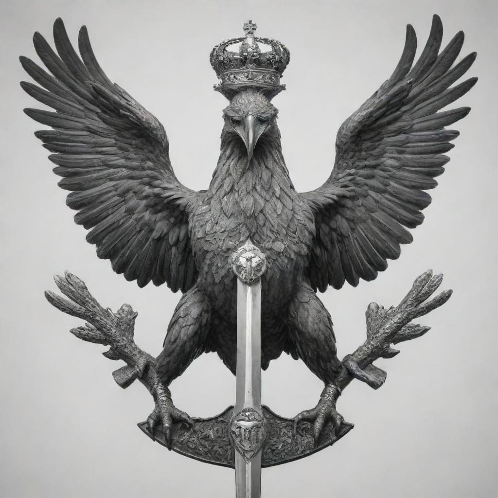 A two-headed eagle in black and white, one of its claws securely holding a horizontal Templar sword.