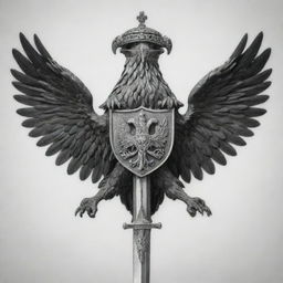 A two-headed eagle in black and white, one of its claws securely holding a horizontal Templar sword.