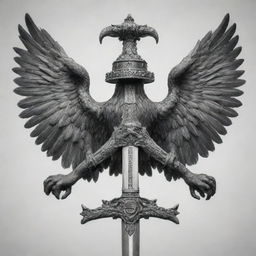 A two-headed eagle in black and white, one of its claws securely holding a horizontal Templar sword.