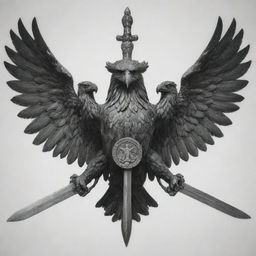 A two-headed eagle in black and white, one of its claws securely holding a horizontal Templar sword.