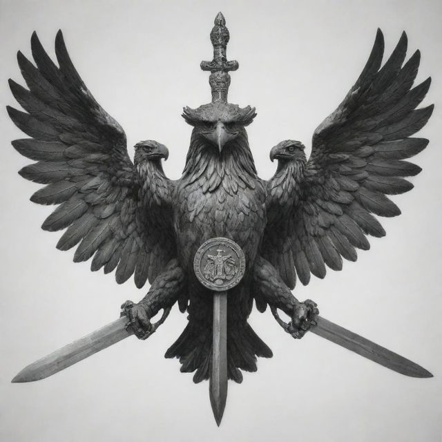 A two-headed eagle in black and white, one of its claws securely holding a horizontal Templar sword.