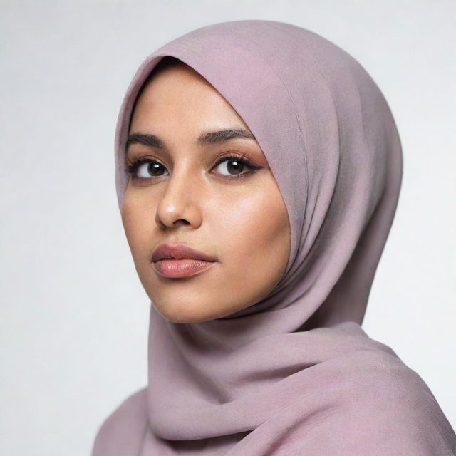 A girl in a hijab striking a pose from the side, set against a pure white background