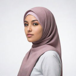 A girl in a hijab striking a pose from the side, set against a pure white background