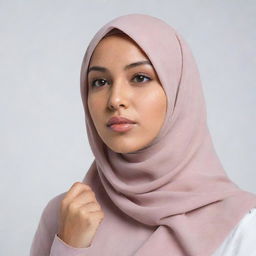 A girl in a hijab striking a pose from the side, set against a pure white background