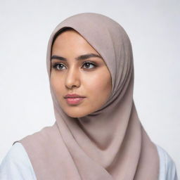 A girl in a hijab striking a pose from the side, set against a pure white background