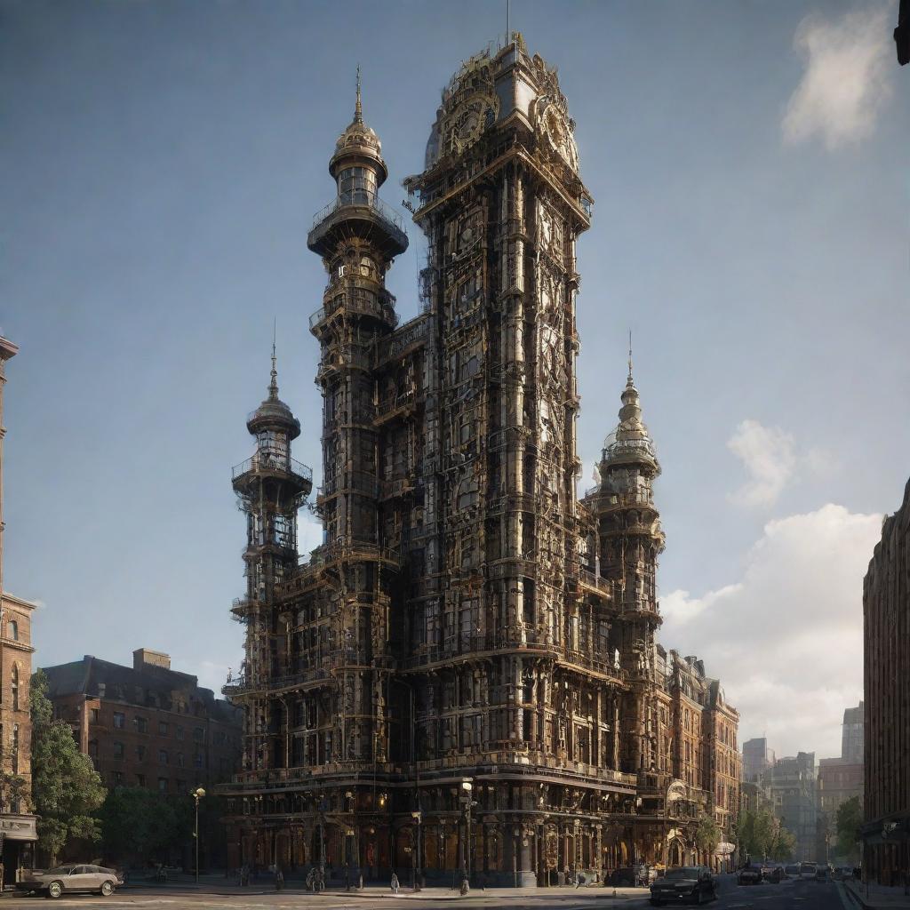 Render the tallest building in a gaspunk universe. This towering structure employs Victorian architecture covered in complex tubing systems, gas-powered mechanisms, brass details, and a multitude of gas lamps illuminating its form.