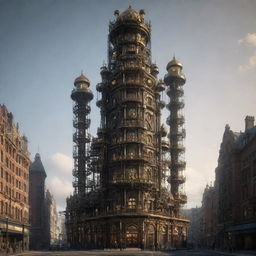 Render the tallest building in a gaspunk universe. This towering structure employs Victorian architecture covered in complex tubing systems, gas-powered mechanisms, brass details, and a multitude of gas lamps illuminating its form.