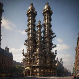 Render the tallest building in a gaspunk universe. This towering structure employs Victorian architecture covered in complex tubing systems, gas-powered mechanisms, brass details, and a multitude of gas lamps illuminating its form.