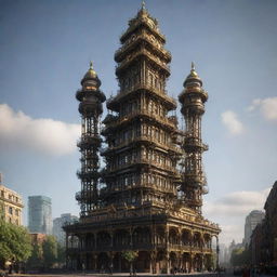 Render the tallest building in a gaspunk universe. This towering structure employs Victorian architecture covered in complex tubing systems, gas-powered mechanisms, brass details, and a multitude of gas lamps illuminating its form.