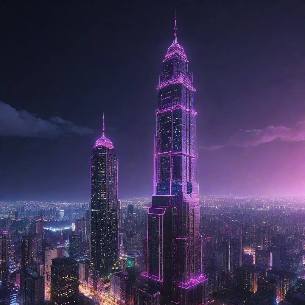 Illustrate the tallest building in an electropunk world, glowing with neon lights. Industrial and futuristic style blended, made up of shiny metallic surfaces animated by complex circuits, towering antennas, and buzzing power lines sparking with electricity.