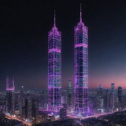 Illustrate the tallest building in an electropunk world, glowing with neon lights. Industrial and futuristic style blended, made up of shiny metallic surfaces animated by complex circuits, towering antennas, and buzzing power lines sparking with electricity.