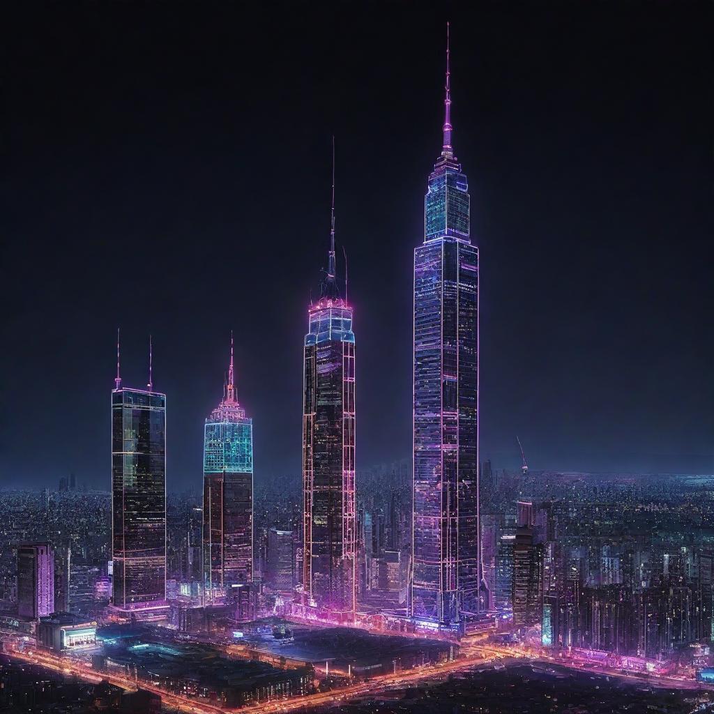 Illustrate the tallest building in an electropunk world, glowing with neon lights. Industrial and futuristic style blended, made up of shiny metallic surfaces animated by complex circuits, towering antennas, and buzzing power lines sparking with electricity.