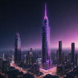 Illustrate the tallest building in an electropunk world, glowing with neon lights. Industrial and futuristic style blended, made up of shiny metallic surfaces animated by complex circuits, towering antennas, and buzzing power lines sparking with electricity.