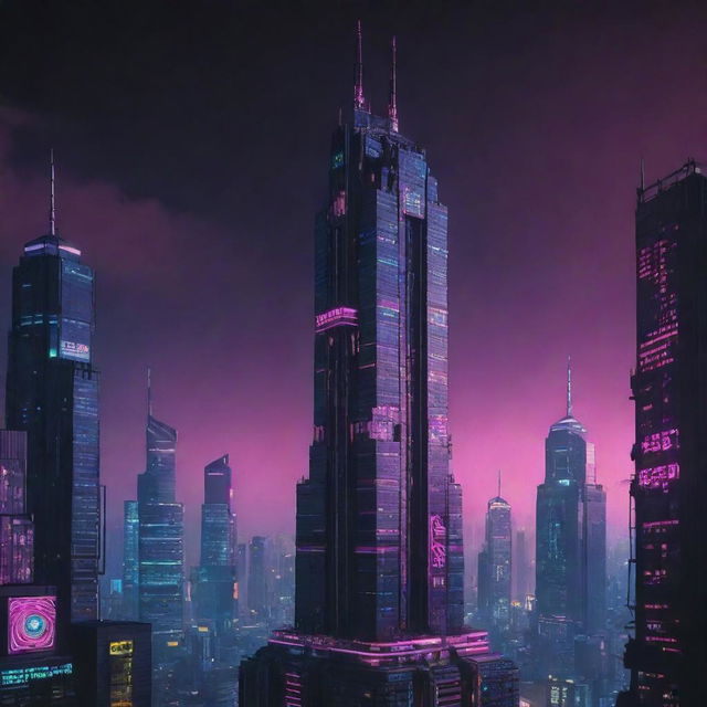 Create an image of the tallest building in a cyberpunk universe. The structure reflects high technology and a low life vibe, with neon signage, multi-tiered architecture, shining in vibrant hues against a dark, dystopian skyline.