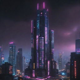 Create an image of the tallest building in a cyberpunk universe. The structure reflects high technology and a low life vibe, with neon signage, multi-tiered architecture, shining in vibrant hues against a dark, dystopian skyline.