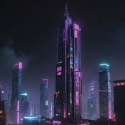 Create an image of the tallest building in a cyberpunk universe. The structure reflects high technology and a low life vibe, with neon signage, multi-tiered architecture, shining in vibrant hues against a dark, dystopian skyline.