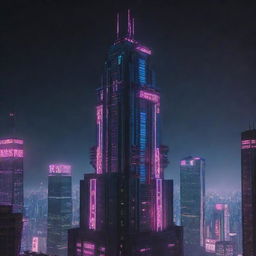 Create an image of the tallest building in a cyberpunk universe. The structure reflects high technology and a low life vibe, with neon signage, multi-tiered architecture, shining in vibrant hues against a dark, dystopian skyline.