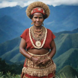 A distinguished Papua New Guinean woman wearing traditional Jiwaka bilas attire, standing against a backdrop of majestic, high-altitude mountains.