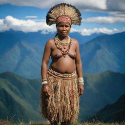 A distinguished Papua New Guinean woman wearing traditional Jiwaka bilas attire, standing against a backdrop of majestic, high-altitude mountains.