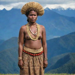 A distinguished Papua New Guinean woman wearing traditional Jiwaka bilas attire, standing against a backdrop of majestic, high-altitude mountains.